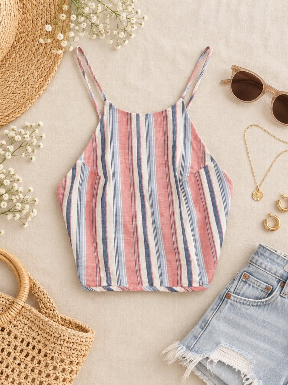 CR Red White & Blue Linen Like Striped Halter High Neck Crop Top